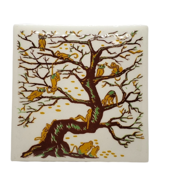 Vintage tile trivet/ hot plate. Moneys in a tree. (sku 447) - Picture 1 of 9